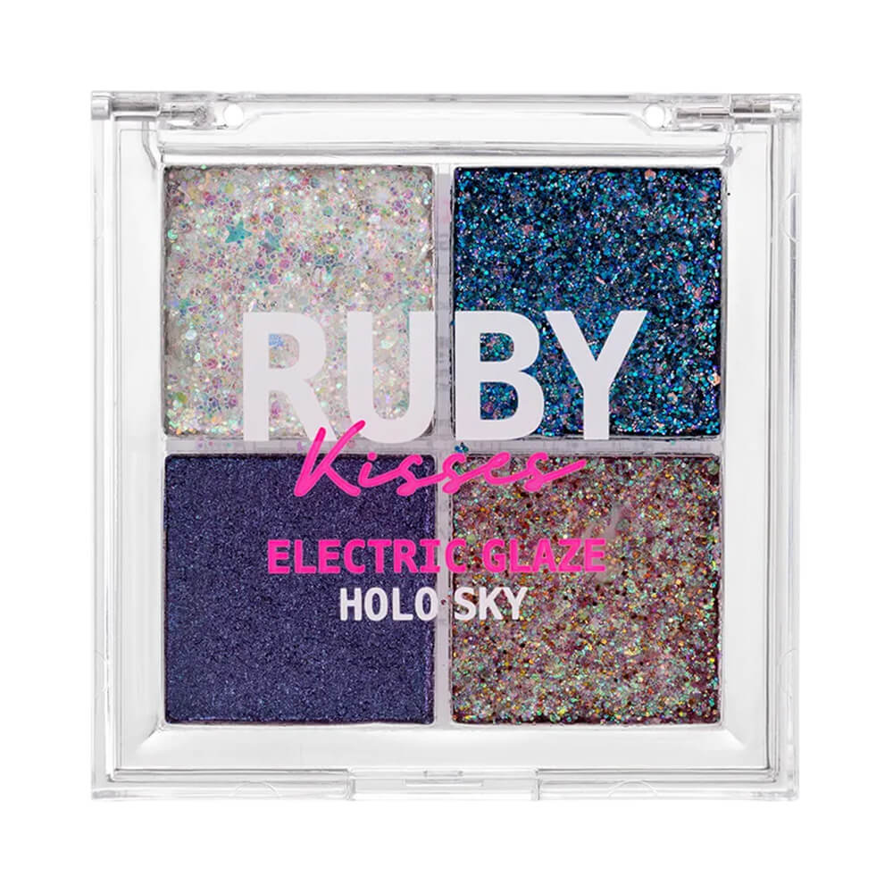 Paleta de Sombras Ruby Kisses Electric Glaze Holo Sky com quatro cores glitter: prata, azul, roxo e dourado